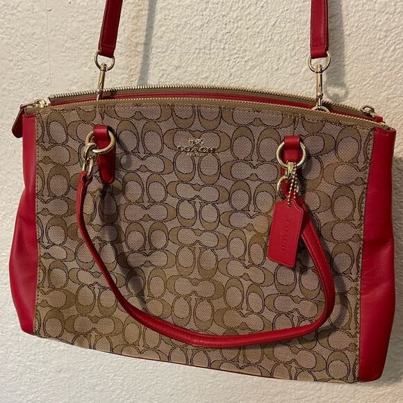Coach Red and Tan Shoulder Bag with Signature Monogram - Picture 1 of 9